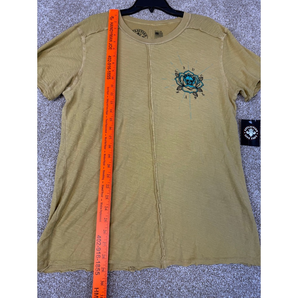Y2K NEW Affliction Womens Medium Mustard Yellow Skull Rose Graphic Crew Tee MMA - Picture 9 of 11